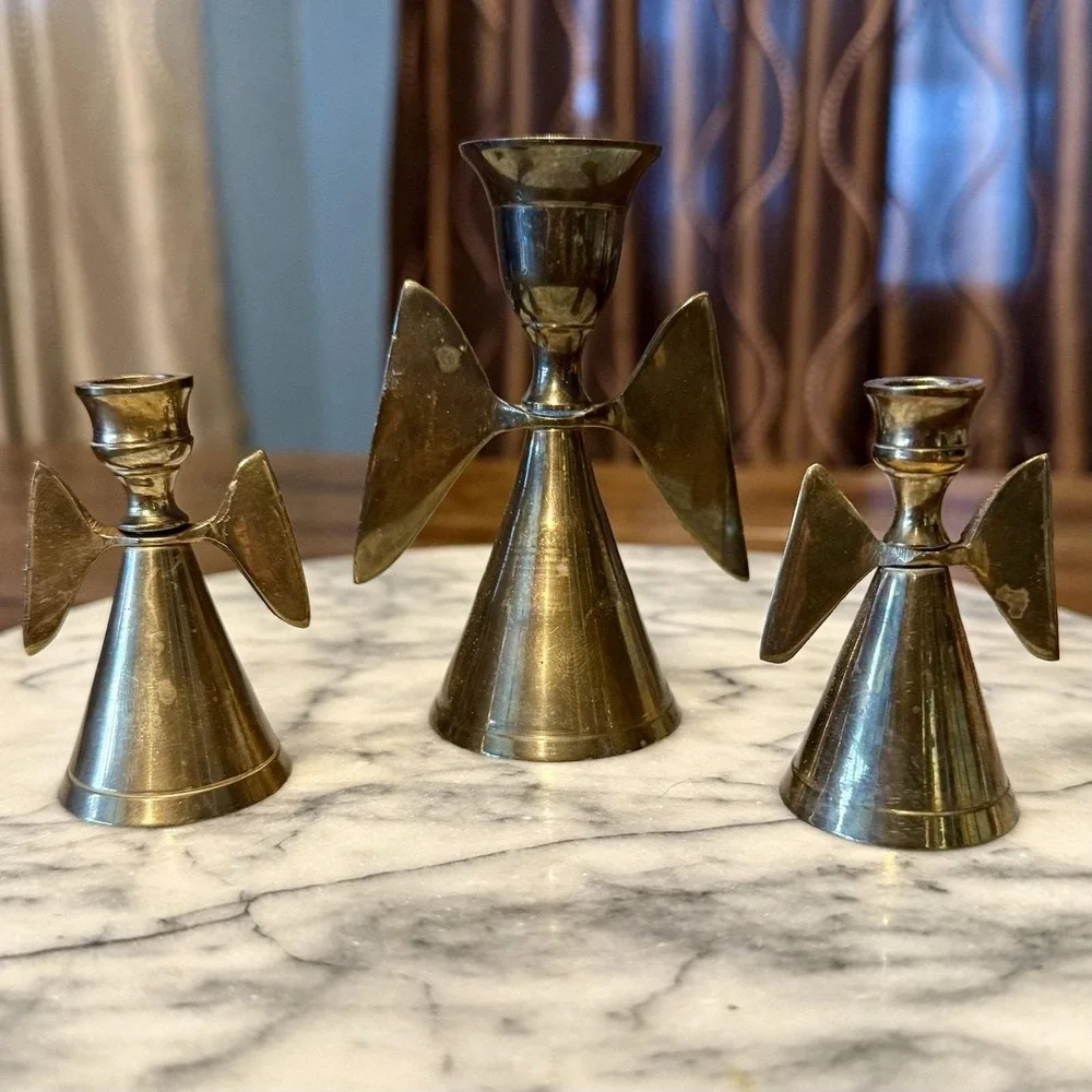 3 VTG Brass Angel Candlesticks Holder Candle Snuffer 4